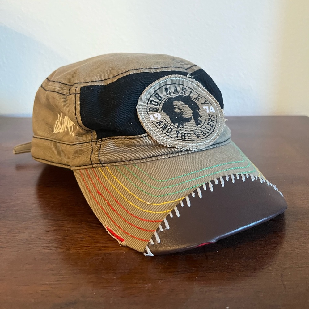 Bob Marley Embroidered Military Cap in Olive with Rasta Accents